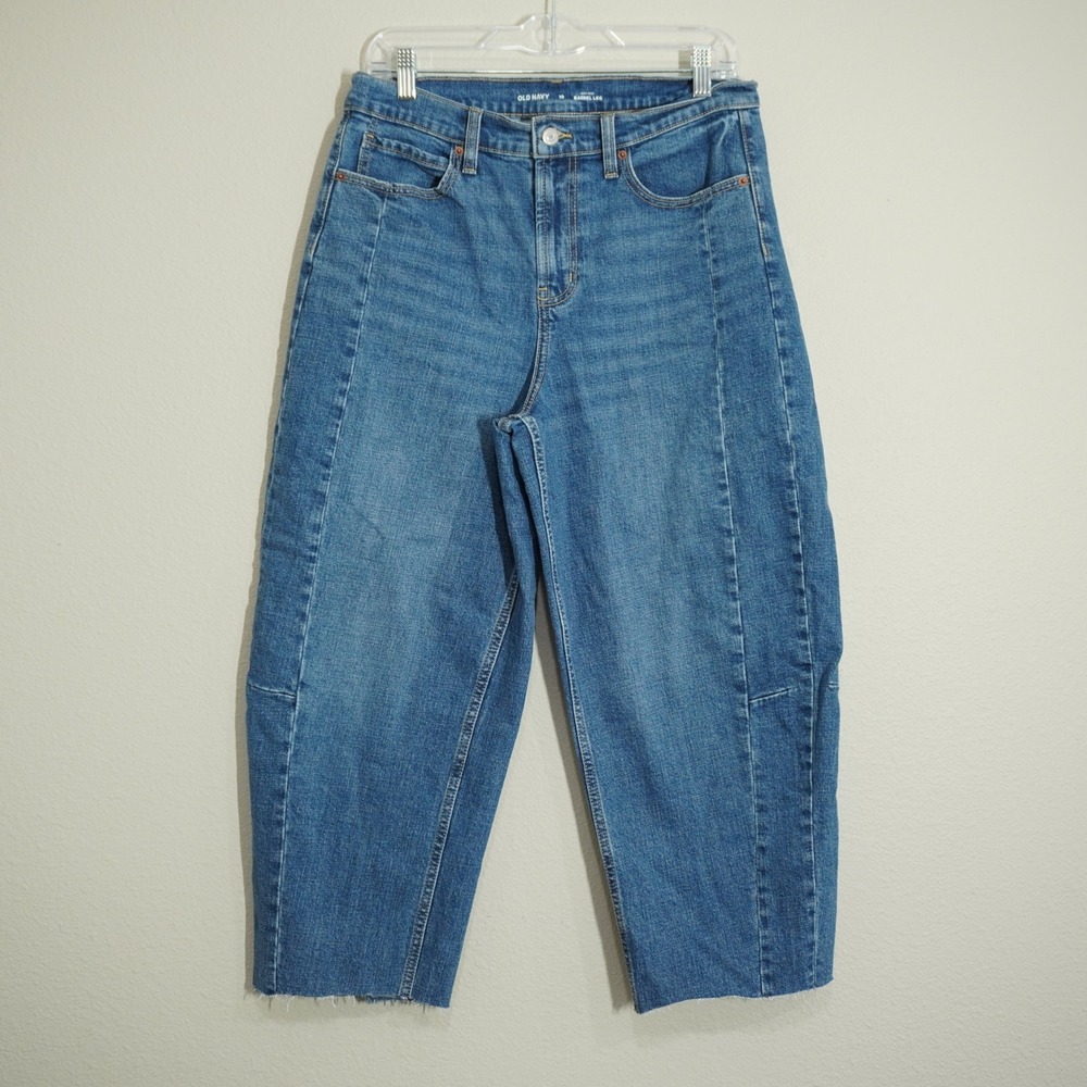 Old Navy 10 Barrel Leg Jeans Womens Blue Excellent High Rise Raw Hem Cropped